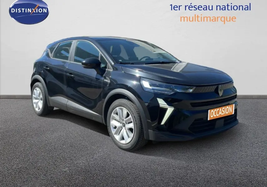 Renault Captur E-Tech hybride noir étoile métal, vue 3/4 avant droit avec détails LED et calandre moderne.