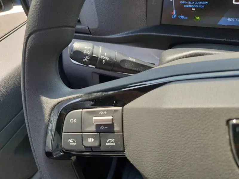 Gros plan sur les commandes au volant du Peugeot Expert Fourgon blanc, avec levier de clignotant et écran multifonction visible.