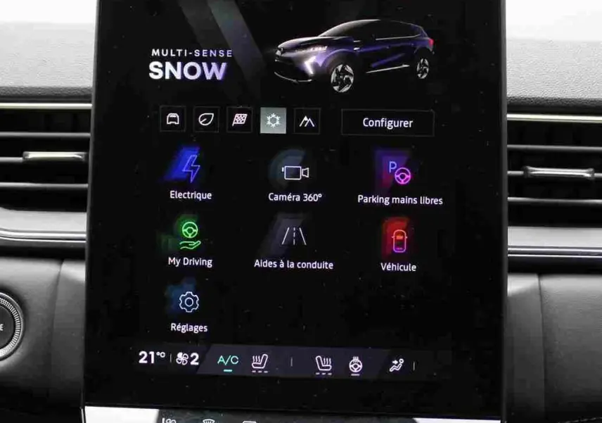 Écran tactile central du tableau de bord du Renault Symbioz bleu, affichant les options de conduite et aides électroniques.