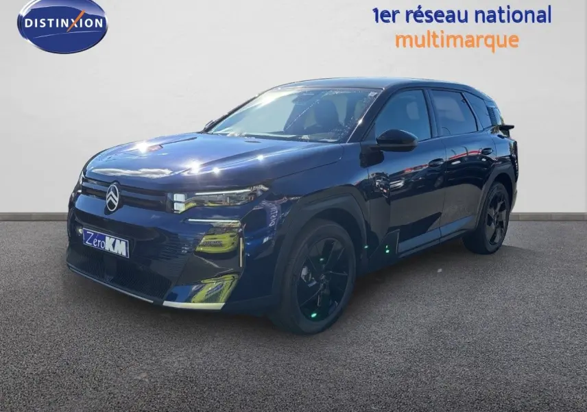Citroën C5 Aircross Hybrid bleu Eclipse métal avec toit noir, vue 3/4 avant droit sur fond neutre.
