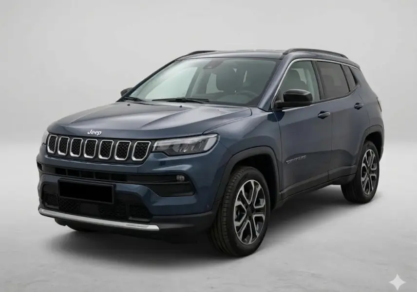 Jeep Compass bleu 2024 en vue 3/4 avant droit, avec calandre à sept fentes et jantes alliage 18 pouces.
