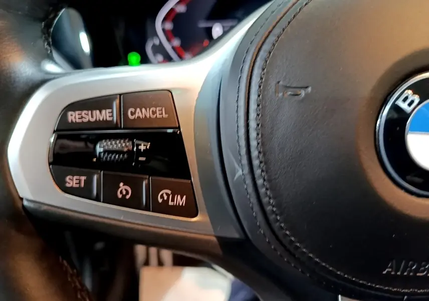 Gros plan sur les commandes de régulateur de vitesse à gauche du volant cuir noir de la BMW Série 3 318i M Sport.