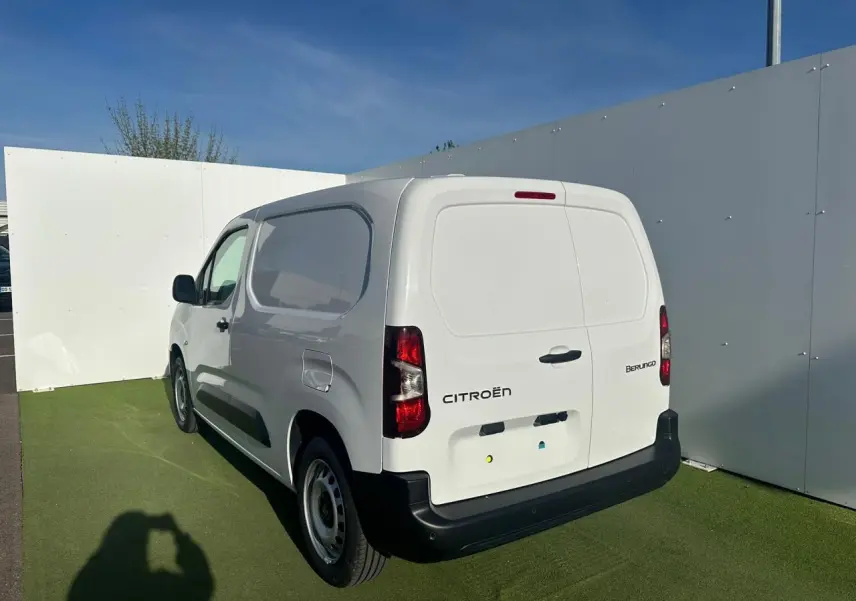 Vue arrière d'un Citroën Berlingo blanc Icy, portes battantes tôlées et pare-chocs noir mat.