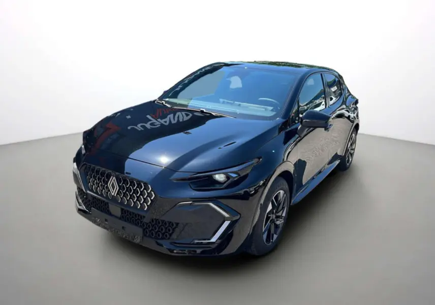 Renault Clio noir étoilé vue 3/4 avant droit, avec calandre distinctive et jantes alu 16 pouces.