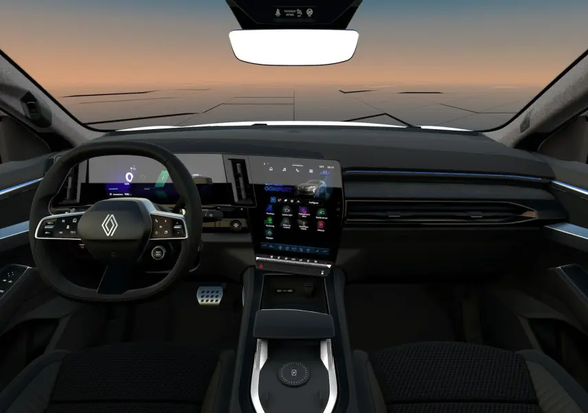 Vue intérieure avant du Renault Austral Esprit Alpine hybride, tableau de bord noir avec écran tactile vertical et volant multifonction.