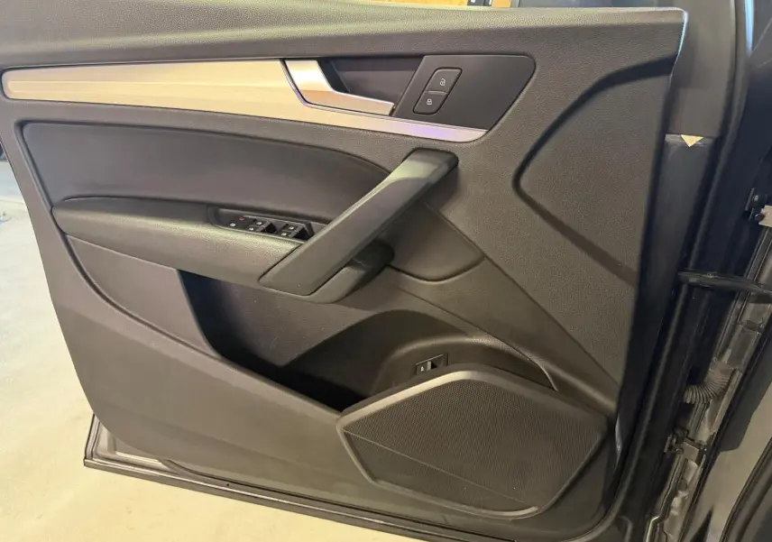 Vue intérieure côté gauche de la porte avant gris foncé de l'Audi Q5 Sportback avec insert bois et commandes de vitres.