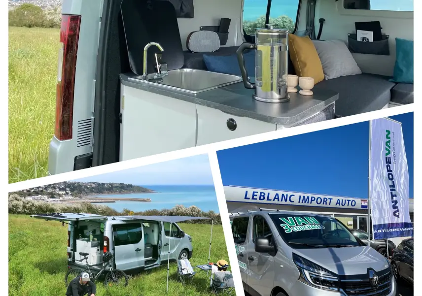 Renault Trafic Fourgon gris platine en 3/4 avant droit devant concession avec aménagement intérieur visible.