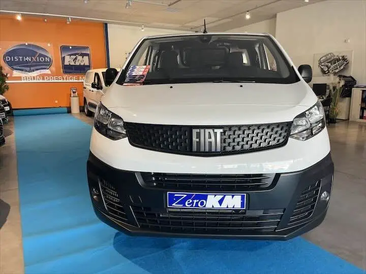 Vue frontale d'un FIAT Scudo Fourgon blanc exposé en showroom avec logo FIAT bien visible sur la calandre noire.