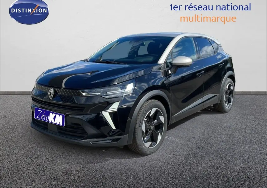 Renault Captur 2025 noir étoile métal avec toit gris, vue 3/4 avant mettant en valeur ses optiques LED et jantes biton.