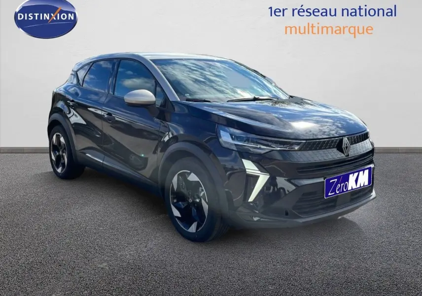 Renault Captur 2025 noir étoile métal avec toit gris, vue 3/4 avant mettant en valeur ses optiques LED et jantes biton.