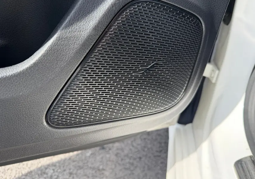 Gros plan sur le haut-parleur noir intégré à la porte avant gauche d'une Mercedes Classe A 220D AMG Line blanche.