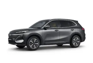 Vue 3/4 avant droite du SUV hybride rechargeable Geely STARRAY gris volcanique avec jantes alliage et lignes épurées.