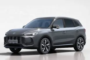 MG ZS Hybrid+ 197 ch Luxury en Hampstead Grey Metal, vue 3/4 avant droit avec calandre noire et jantes bi-ton.