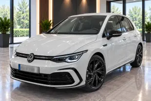 Volkswagen Golf 1.5 eTSI blanche vue 3/4 avant avec jantes noires Bergamo 18 pouces en intérieur showroom.