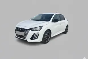 Peugeot 208 Hybrid 110 e-DCS6 Allure blanc vue 3/4 avant, avec calandre noire et feux LED verticaux distinctifs.