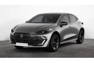 Renault Clio 2026 gris schiste vue 3/4 avant droit, avec jantes alliage noires et feux LED distinctifs.