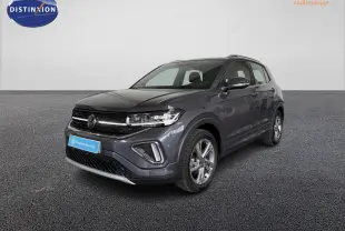 Volkswagen T-Cross gris en 3/4 avant droit, avec projecteurs Matrix LED et pare-chocs R-Line distinctif.