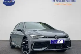 Volkswagen Golf 2.0 TDI R-Line gris vue 3/4 avant avec jantes sport noires et calandre distinctive.