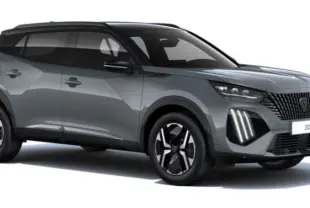 Peugeot 2008 hybride gris selenium avec toit noir, vue 3/4 avant droit mettant en valeur sa calandre et ses feux LED verticaux.