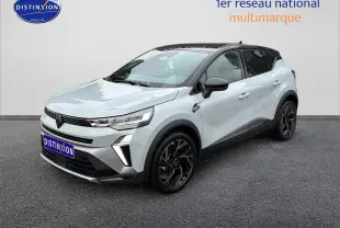 Renault Captur 1.8 e-tech gris rafale avec toit noir, vue 3/4 avant droit, jantes alu noires et feux LED.