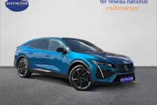 Peugeot 408 Hybrid bleu Obsession en 3/4 avant droit, jantes noires et lignes dynamiques visibles.