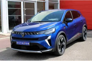 Renault Symbioz bleu 3/4 avant droit, calandre noire avec logo central et jantes alliage 19 pouces design moderne.