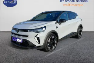 Renault Captur E-Tech hybride gris rafale métal avec toit noir, vu en 3/4 avant droit sur fond neutre.