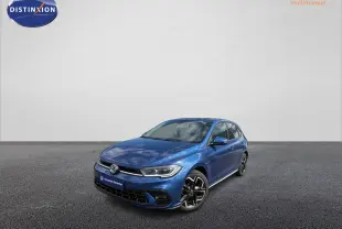 Volkswagen Polo 2025 bleu métallisé vue 3/4 avant droit avec jantes alliage et toit noir