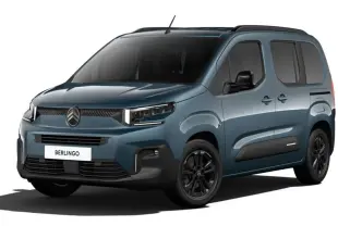 Citroën Berlingo 2026 bleu Kiama en vue 3/4 avant droit, avec jantes noires et protections latérales noires.