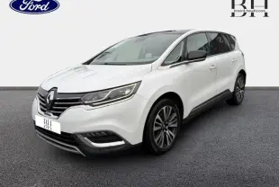 Renault Espace blanc glacier en 3/4 avant droit, avec jantes alliage et vitres latérales teintées.