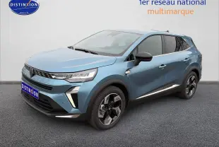 Renault Symbioz bleu mercure en 3/4 avant droit, avec jantes alliage et phares LED distinctifs.