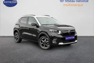 Citroën C3 1.2 Turbo 100ch MAX noir Perla Nera vue 3/4 avant droit avec jantes distinctives et toit blanc.