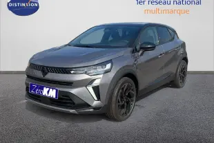 Renault Captur E-Tech hybride gris cassiopée métal, vue 3/4 avant droit avec toit noir et jantes noires.