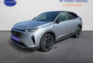 Peugeot 3008 gris Artense vue 3/4 avant droit, avec jantes alliage noires et toit noir contrasté.