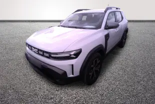 SUV Dacia Duster Expression Hybrid blanc vu en 3/4 avant droit avec détails noirs contrastants.