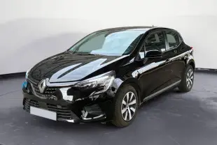 Renault Clio V TCe 90 noir vue 3/4 avant droit, avec calandre chromée et jantes alliage distinctives.