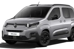 Citroën Berlingo 2025 gris Artense en vue 3/4 avant droit, avec jantes noires et signature lumineuse LED distinctive.