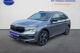 Vue 3/4 avant droite d'un Skoda Kamiq gris graphite avec jantes alu noires et toit panoramique en verre.