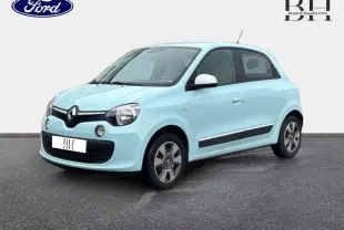 Renault Twingo bleu dragée vue en 3/4 avant droit, avec rétroviseurs blancs et jantes grises.