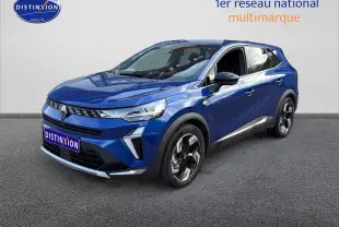 Renault Symbioz bleu iron metal en 3/4 avant droit, SUV hybride avec barres de toit et jantes stylisées.