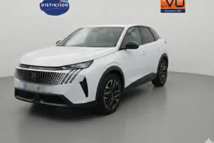 Peugeot 3008 Hybrid blanc en 3/4 avant droit, avec calandre distinctive et jantes alliage 19 pouces.