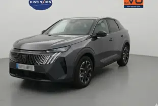 Peugeot 3008 Hybrid gris en 3/4 avant droit, avec calandre distinctive et jantes alliage 19 pouces.