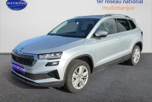 SUV Skoda Karoq gris en 3/4 avant droit avec calandre noire et jantes alu visibles sur sol goudronné.