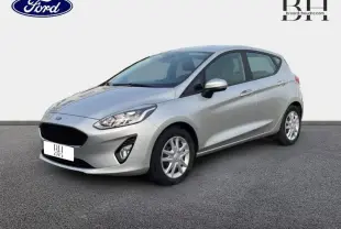 Vue 3/4 avant droite d'une Ford Fiesta 1.1 essence 2020 gris lunaire avec enjoliveurs et rétroviseurs argentés.