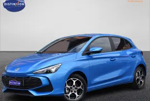 MG3 1.5 L Hybrid+ bleu métallisé en 3/4 avant droit avec jantes alliage et vitres surteintées.