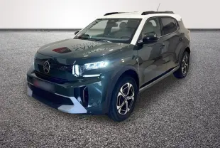 SUV Citroën C3 Aircross hybride vert 3/4 avant droit avec toit blanc et feux LED allumés.
