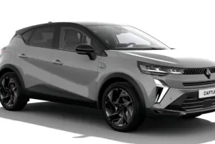 Renault Captur Full Hybrid E-Tech 160 Esprit Alpine gris Rafale avec toit noir, vue 3/4 avant droit mettant en valeur ses optiques LED.