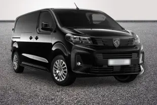 Peugeot Expert Fourgon noir vu en 3/4 avant droit, avec calandre moderne et phares LED distinctifs.