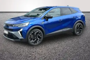 Renault Symbioz bleu en vue 3/4 avant droit, avec jantes noires et détails de calandre modernes.