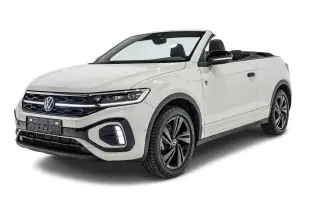Volkswagen T-Roc Cabriolet beige métallisé vu en 3/4 avant droit, capote ouverte et jantes noires distinctives.